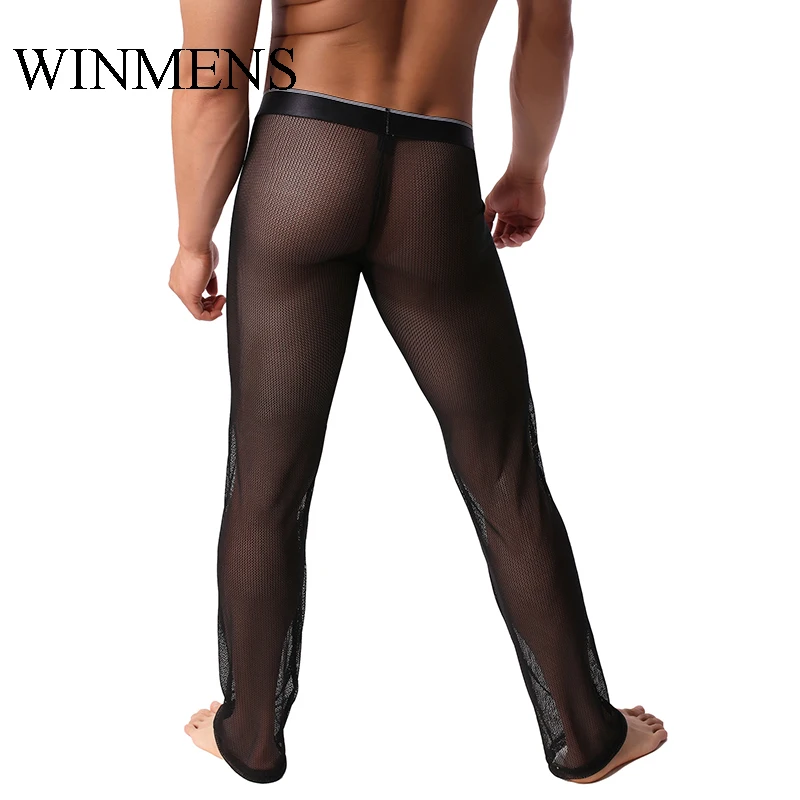 Adult Men\'s Pajama Pants Black See Through Mesh Gay Erotic Full-length Sleeping Trousers Sheer Fishnet Sissy Nightwear