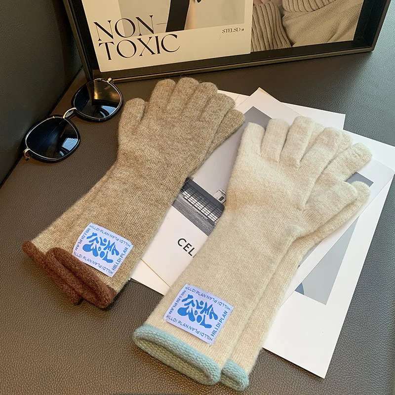 Korean Version of Fashion Macron Color Cute Warm Knitted Leaking Finger Wool Gloves Long Thickened Wrist Guard Riding Cold