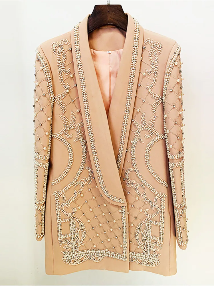 DEAT Fashion Women\'s Blazer Handmade Pearl Beaded Shawl Collar Hidden Breasted Long Sleeve Suit Jackets Spring 2024 New 17A4050H