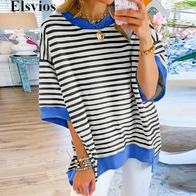 

Retro Striped Print Patchwork Blouse Shirts Women 2024 All Match Office Tops Spring Autumn Half Sleeve Crew Neck Commuter Blusa