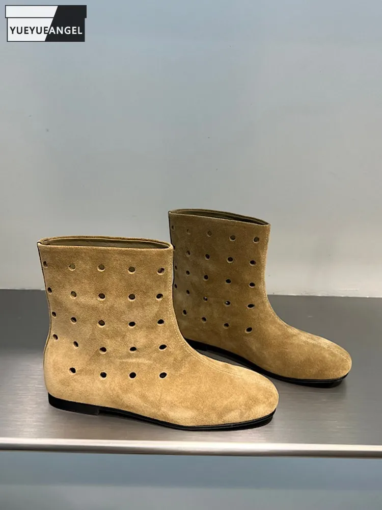 

Fashion Designer New Women Hollow Out Comfortable Cow Suede Leather Round Toe Low Heel Ankle Boots Autumn Female Slip On Shoes
