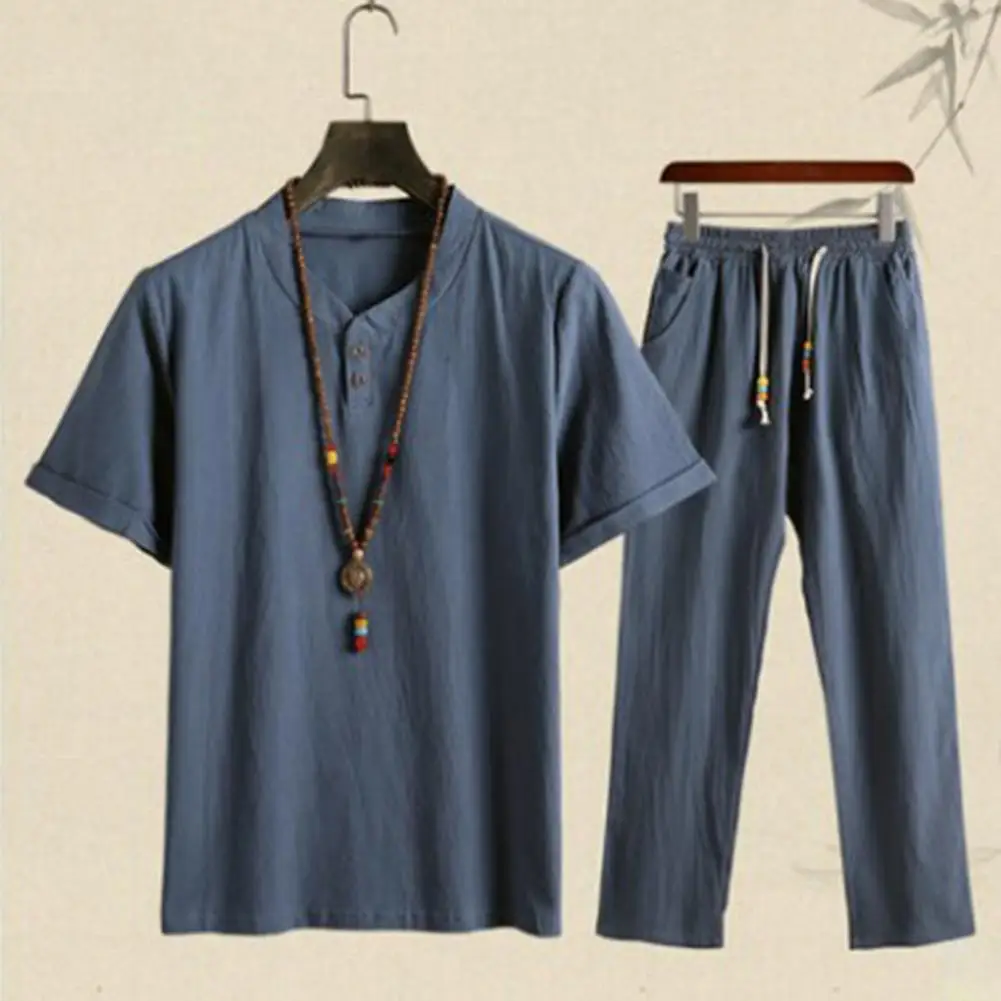 1 Set Popular Beach Outfit Simple Men Top Pants Solid Color Buttons Neckline Chinese Style Top Pants  Thin