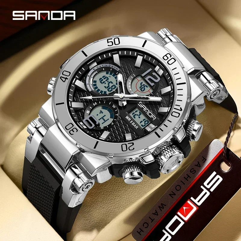 SANDA 6167  Multifunctional Popular Men's Alarm Clock Wristwatch New Dual Screen Men's Digital Watch Nightlight Waterproof