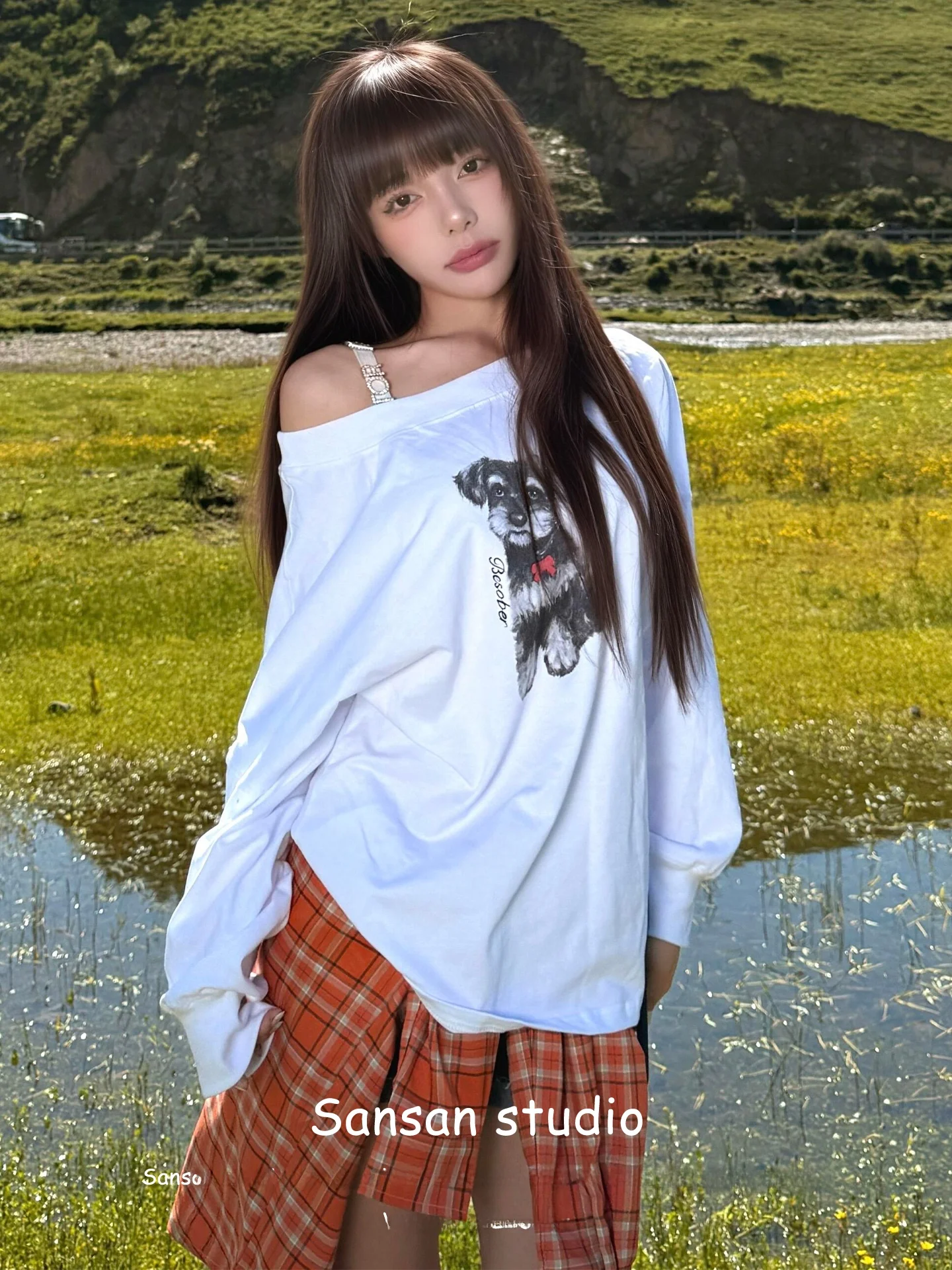 

American Retro oulder Sweatirt Women Early Spring Clothing Dog Print Lazy Sle Long Sve Loose Slim oulder Top