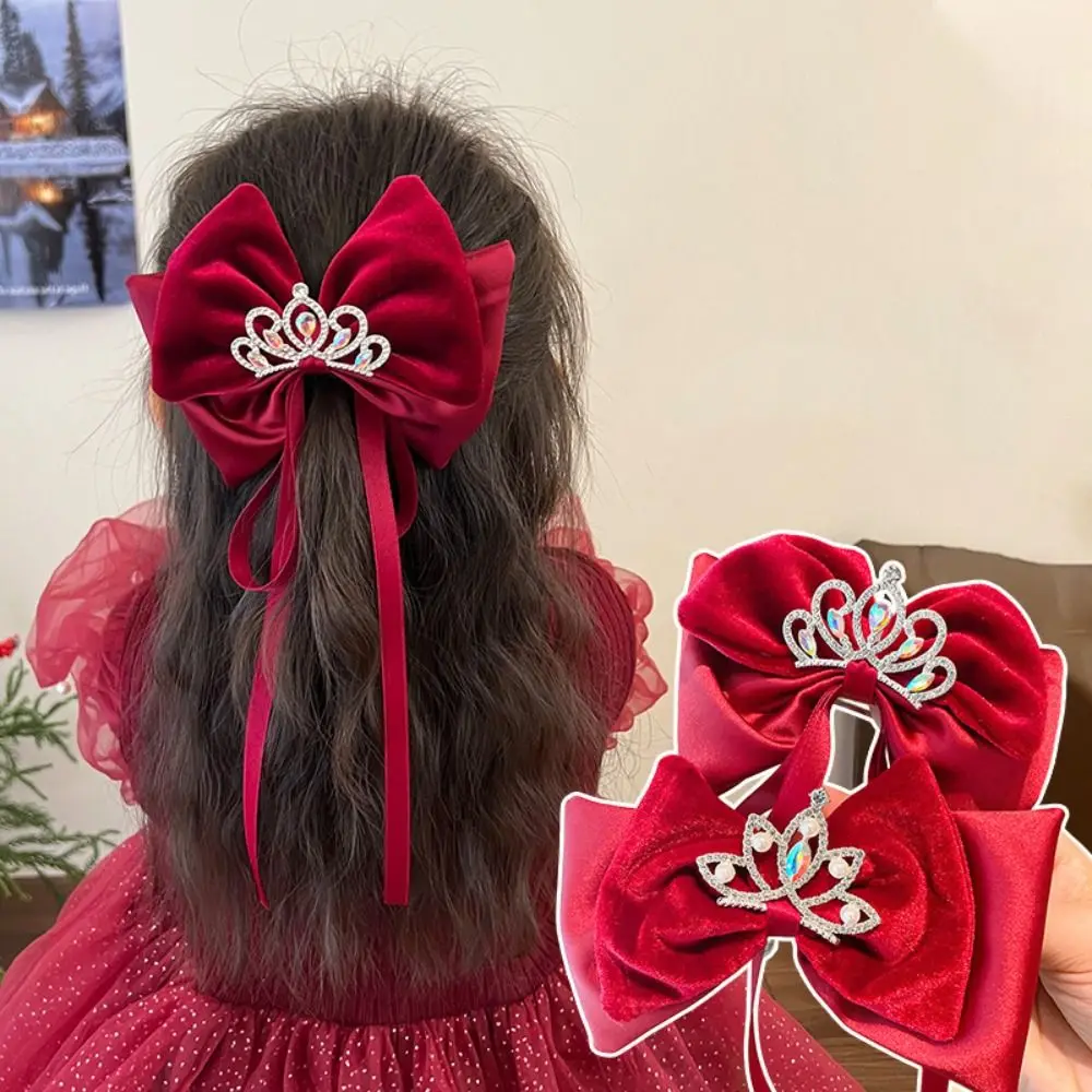 Plush Children Red Velvet Bow Hairpin Cloth Pearl Chinese New Year Headwear Tang Suit Hair Clip Crystal Crown