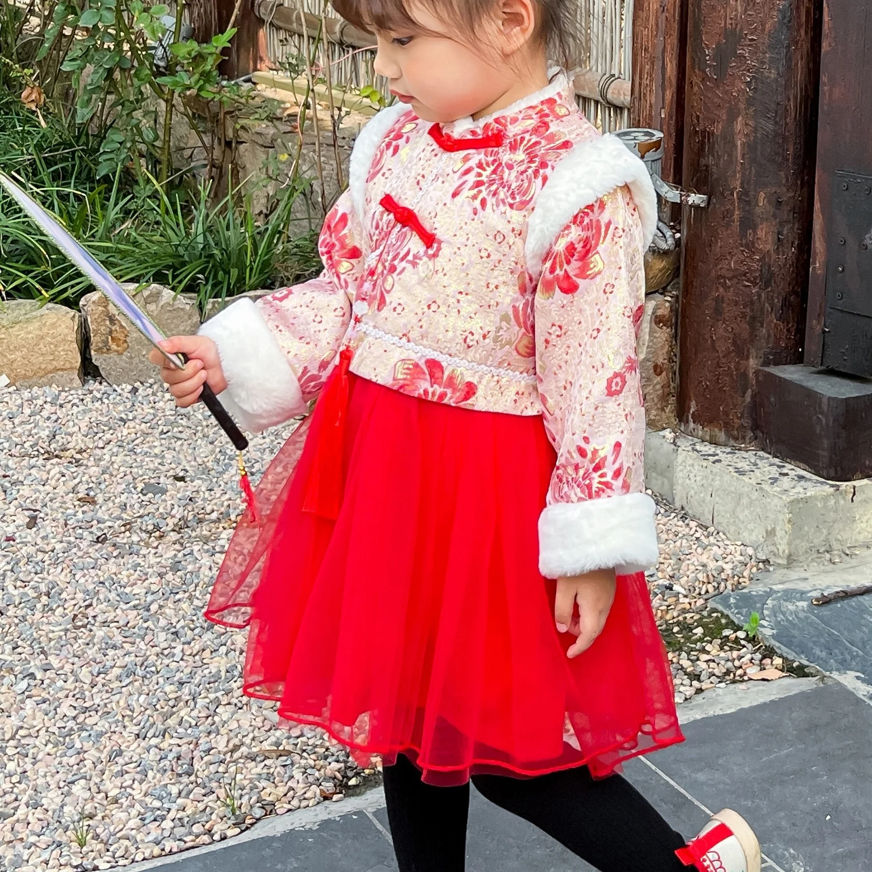 

Toddler Girls Cheongsam Hanfu Thick Warm Long Sleeve Mesh Hem Qipao Dress Traditional Costume Tang Suit For Year Of The Rabbit