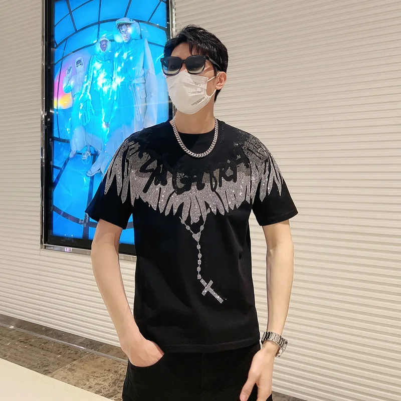 High Quality Hot Drilling T-shirt 2023 New Summer Men Clothes Plus Size Loose Pullover Top Streetwear Diamonds Black Cotton Tees