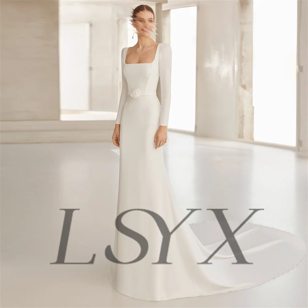 LSYX-Robe de Mariée Sirène en Crêpe à Manches sulfet Col Carré, Vêtement Simple et Personnalisé, Découpé au Dos, Longueur au Sol, pour Patients