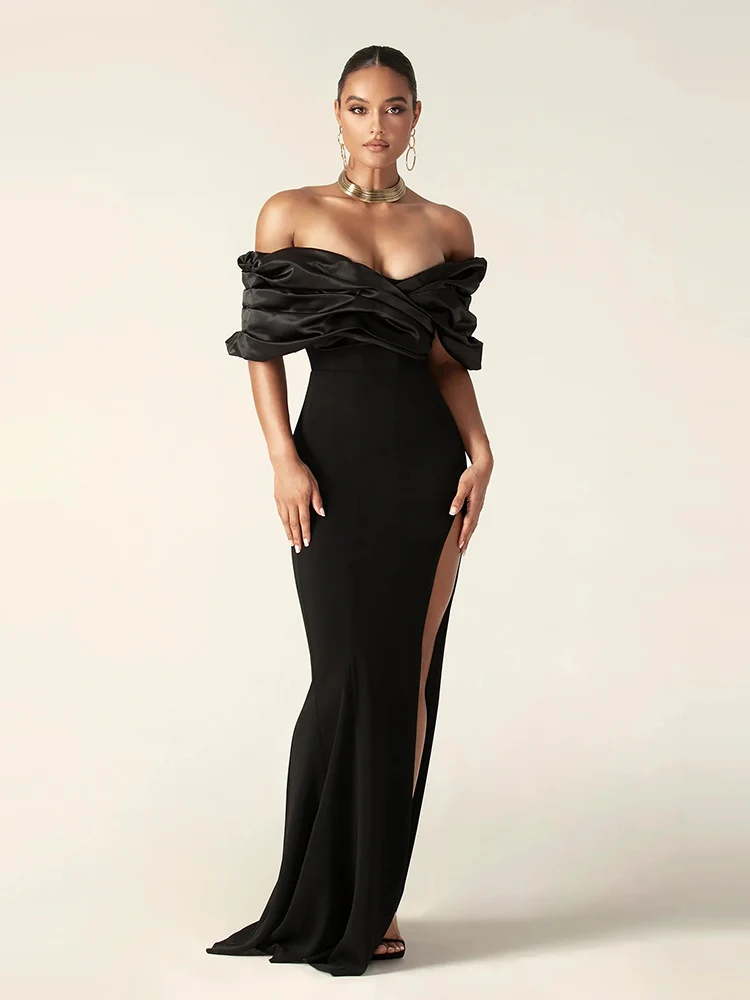 Sexy Satin Ruffle Shoulder High Slit Long Dress Women Black Off the Shoulder Pleat Bodycon Maxi Dress Elegant Evening Party Gown