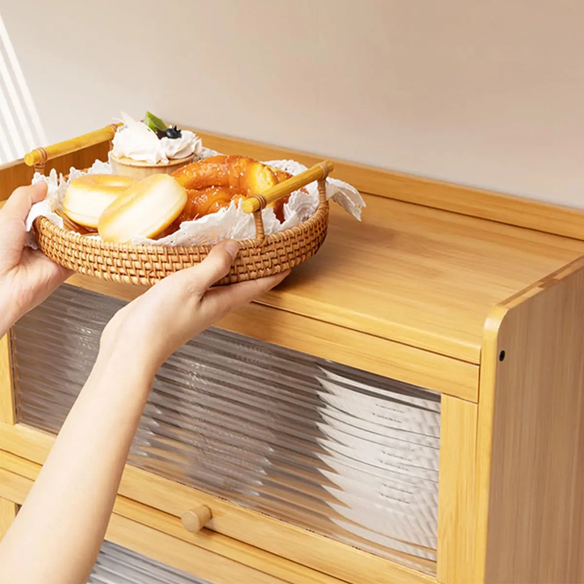 Gdrasuya10 3 Tier Countertop Kitchen Pantry Storage Cabinet, Bamboo Pantry Sideboard Cabinet with 3 Doors Freestanding Kitchen C