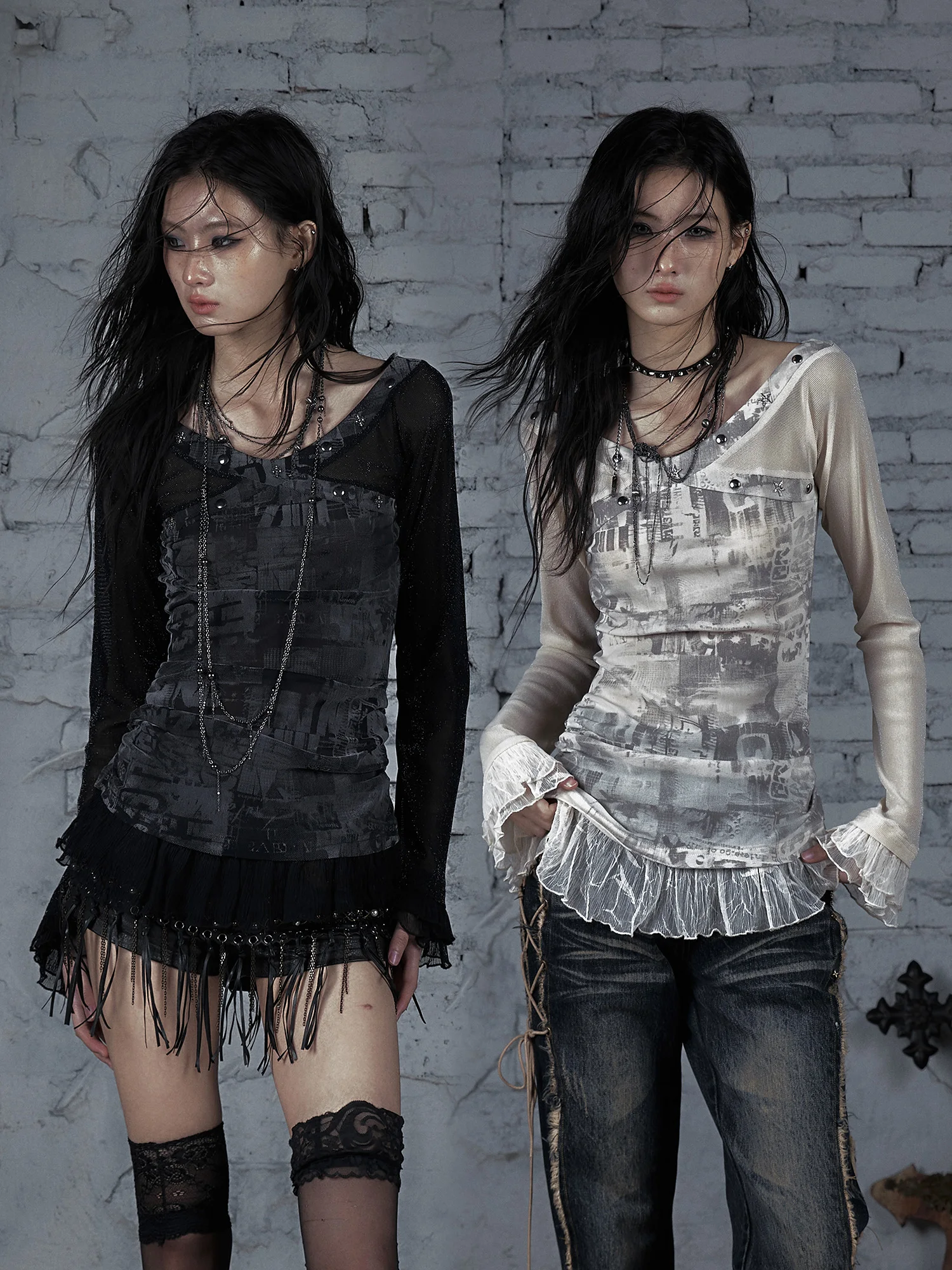 

Punk Rebellion Early Spring Thin Me Splicing Slim Elastic Long Sve T-irt Women's Original Design Street Sle Print Ca...