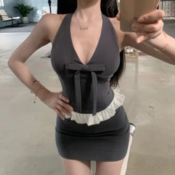 Korean Fashion Bowknot Vest Top+Sexy High Waist Mini Skirt Suit Women Y2k Lace Summer Gray Sweet Vintage 2 Piece Suit 2024 New