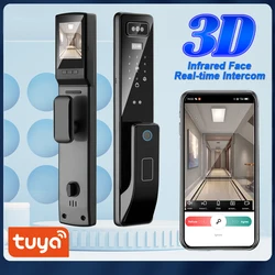 Smart Digital Door Lock com Câmera, Aplicativo Tuya, Voice Intercom, Reconhecimento Facial 3D, Senha de Impressão Digital, WiFi