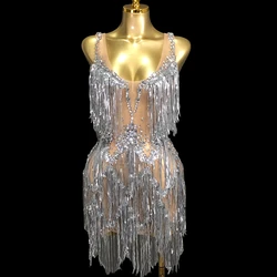 Sparkly Silver Rhinestones Sequins Fringes Short Dress Women Sexy Mesh Party Birthday Dress Stage Wear Performance Dance Costume