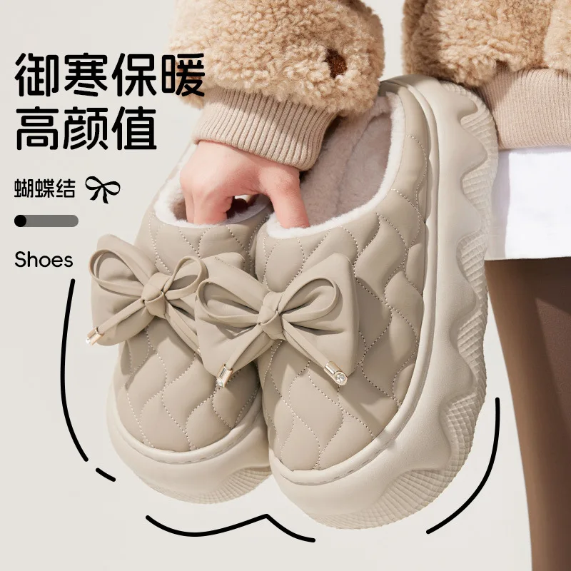 

Winter Shoes Female Bowknot Designer Snow Booties Indoor Fluffy Slippers Women House Flats Fashion Footwear Warm Cotton Slippers
