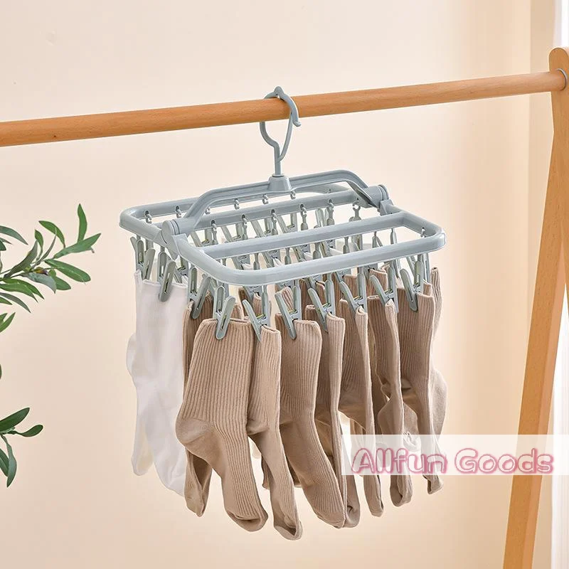 Foldable Plastic Laundry Drying Rack With 32 Clips 360 Rotating Hook For Drying Socks Underwear Small Clothes At Home Dorm