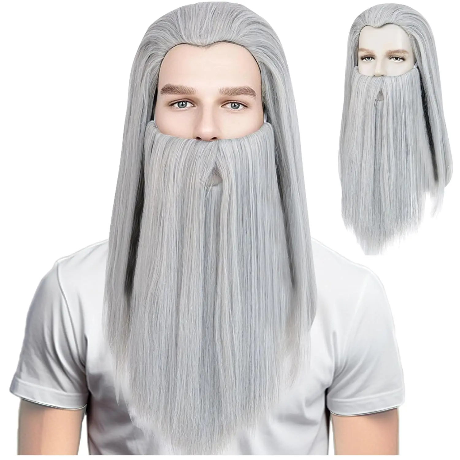 

Мужской костюм Gandalf Wizard для косплея, серебристо-серый парик с бородой, мужской костюм на Хэллоуин, Рождественскую вечеринку, комплект париков для косплея