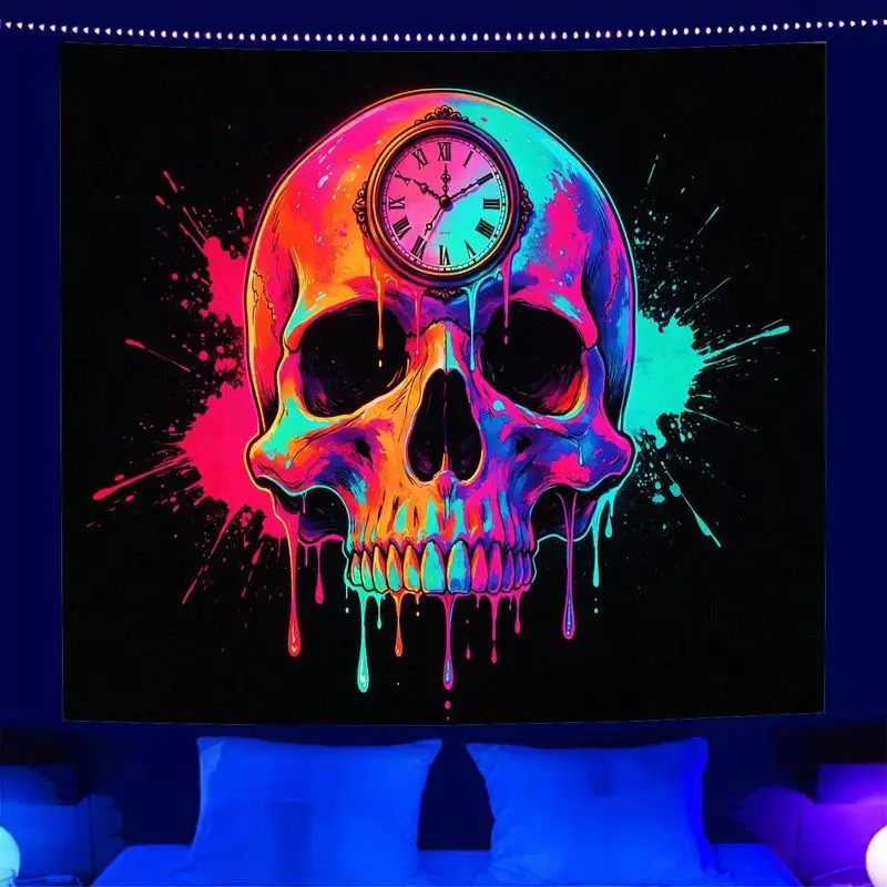 VIKAMA Cyberpunk Neon Skeleton Clock Tapestry Dark Splash Ink Background Wallpaper Room Decoration Home Decoration