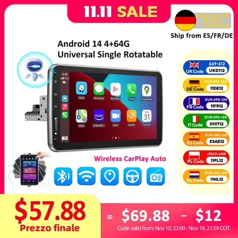 ESSGOO Android 14 10,1 pulgadas Universal único giratorio Radio de coche Auto Carplay reproductor Multimedia GPS Navi estéreo automotriz