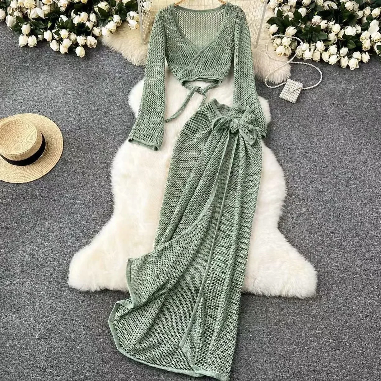 knitting Long Sleeve Bonds Top One piece Skirt Women Beach Vacation Bikini Cover Up Sun Bathing See-Through Sunscreen Smock