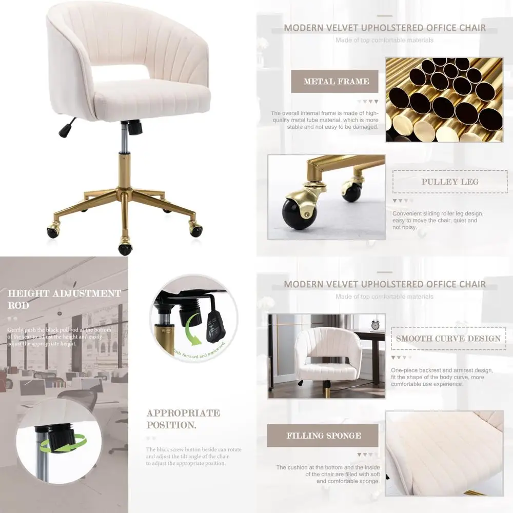 

Modern Swivel Desk Chair with Wheels and Gold Base for Home Office, Bedroom, and Vanity Use