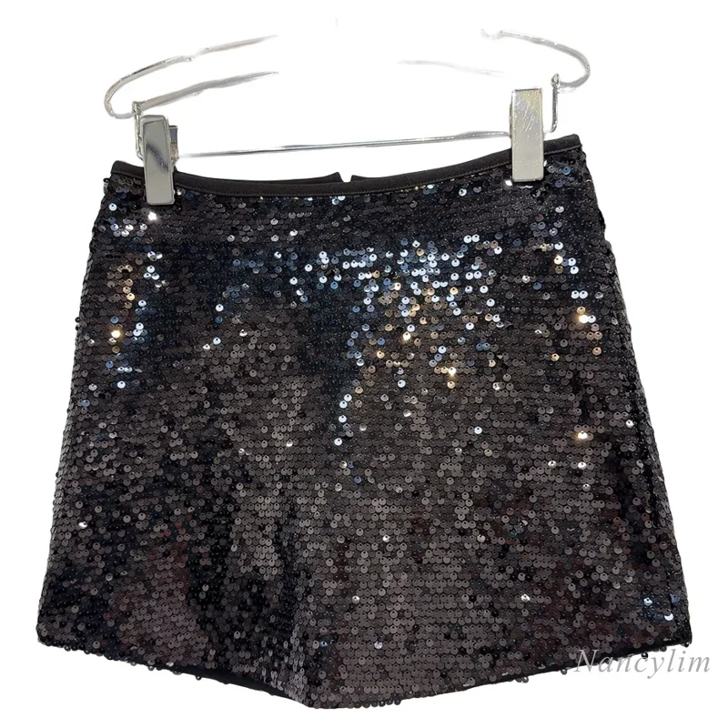 2024 Autumn New Sexy Solid Color Sequin Fabric Short Hip Skirt for Women Y2K Skirts