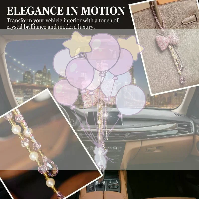 Car Rearview Mirror Hanging Ornament Cute Bowknot Crystal Tassel Pendant for Women Girls Interior Decor Chain Accessory