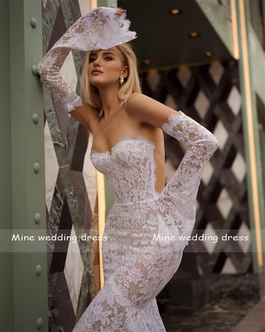 Customized Sweetheart 3/4 Flare Sleeves Mermaid Lace Weddding Dresses Backless See Through  And Zipper Bridal Gowns