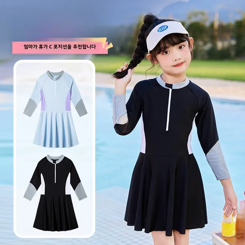 Children's One-Piece Swimsuit Long Sleeve Training Fashionable Quick Dry Skirt Sle Girls Swimwear New 2025 Spring Collection