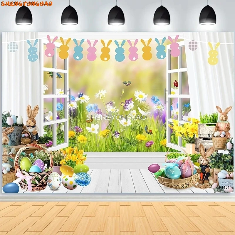 

SHENGYONGBAO Green Spring Easter Day Photography Backdrops Props Hare Rabbits Colorful Eggs Wood Photo Studio Background VV-15