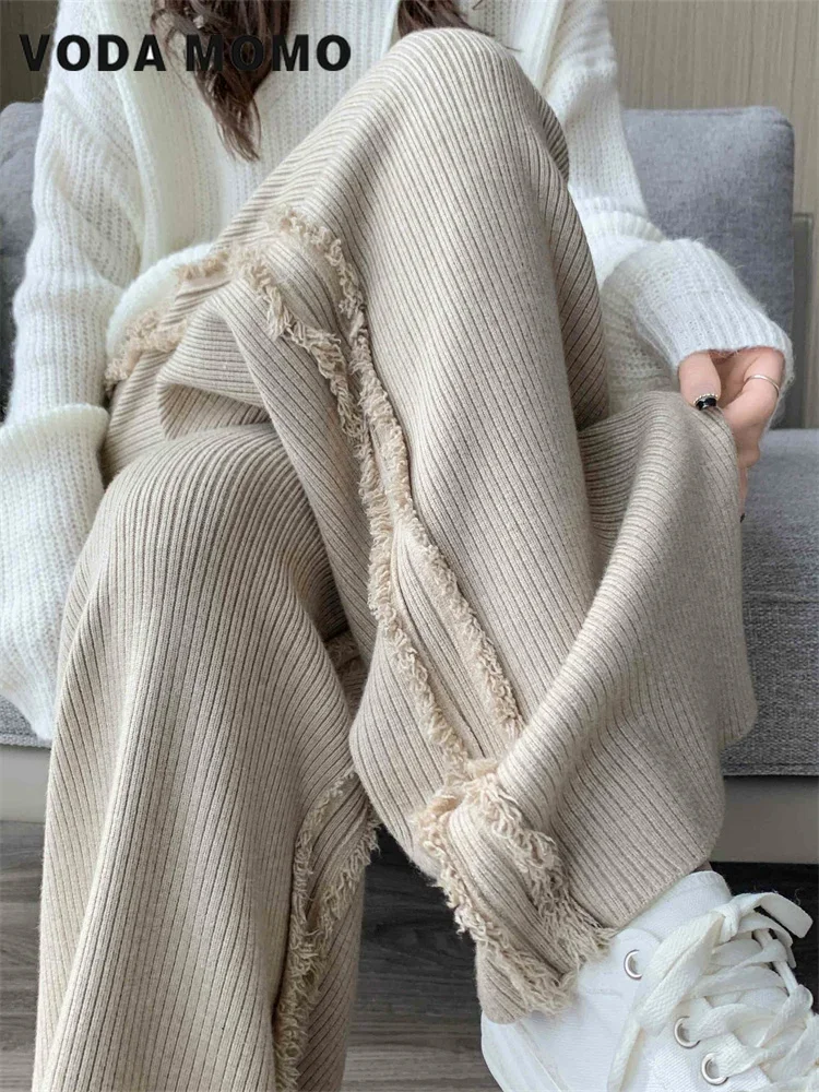 Temperament All-match Mopping Trousers High Waist Casual Vintage Soft Pants Women Solid Knitted Tender Drawstring Korean Style
