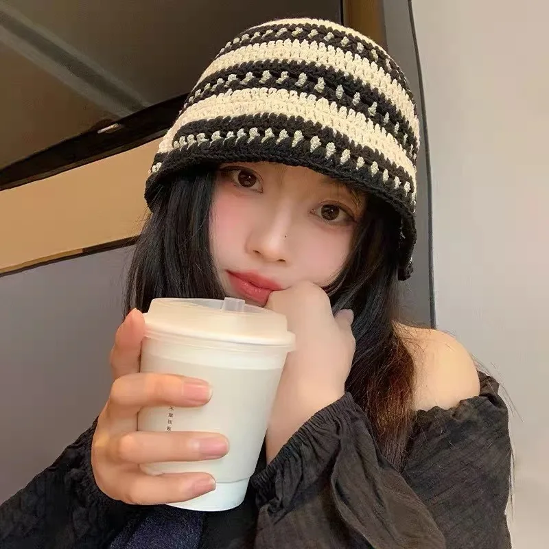 Japanese Fisherman Hats for Women Summer Breathable Head Wear Sun-protective Handmade Bucket Hat Sunshade Knitted Cap Striped