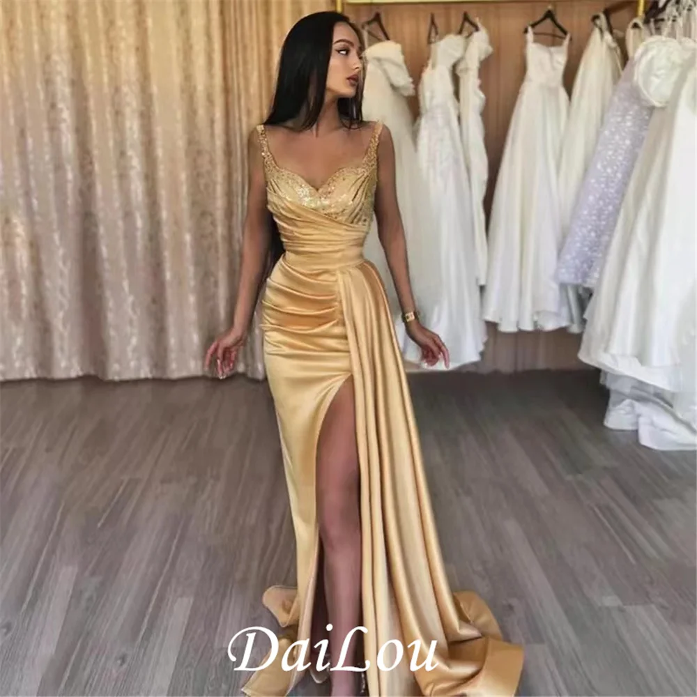 Dailou Champagne Kralen Avondjurk Sweetheart Spaghetti Strap Pleats Prom Dresses Side Split Celebrity Partij Jassen