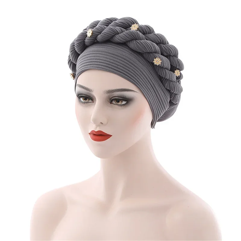 Rippled ผู้หญิงมุสลิม Hijab หมวก Double Braid เพชร Turban หมวก Lady มะเร็ง Chemo หมวกหญิงหมวก Bonnet ผมฝาครอบ