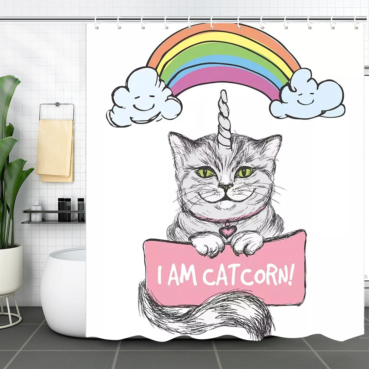 Unicorn Cat Shower Curtain with Hooks Rainbow Fabric Funny Bathroom Decoration