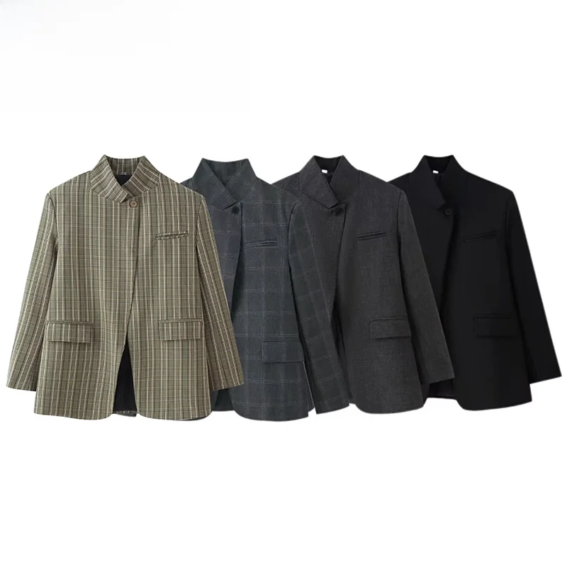 

Spring New ZR Women's Fashionable Plaid One-Button Stand Collar Suit Jacket Versatile Long Sleeve Polyester Business Wear