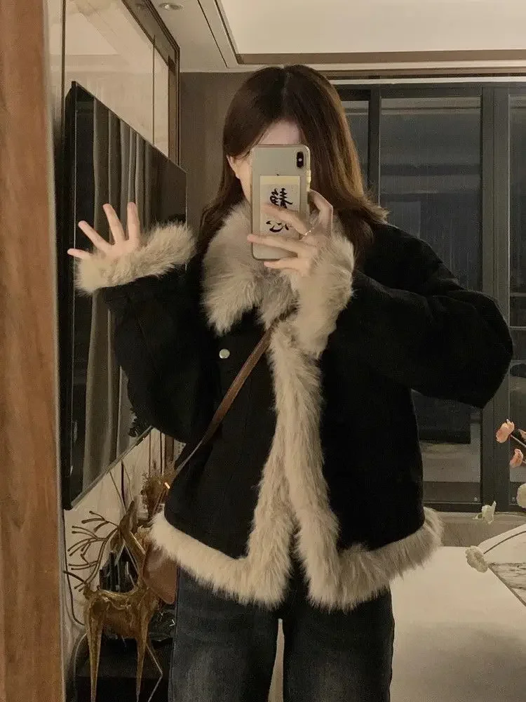 Suede Y2k Aesthetics Brown Jacket Women Winter New Black Vintage Korean Denim Coat 2000s Harajuku Flip Collar Tops