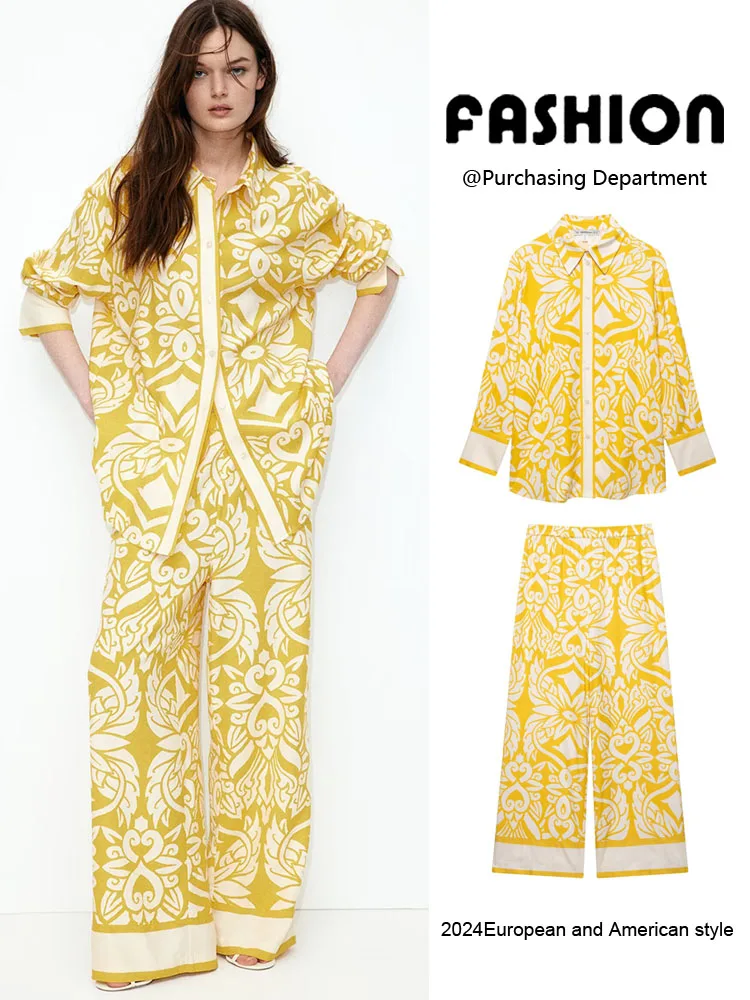 

Spring New Women's Linen Blend Long Sve Turn-down Collar Casual Straight Leg Pants Set High Waist Two-piece Faion Ensemble