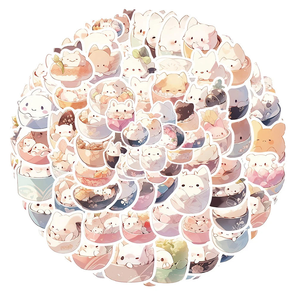 

10/30/50/100pcs Animals in The Bowl Decoration Stickers Aesthetic Kawaii Cartoon Decals DIY Phone Laptop Stationery Cute Sticker