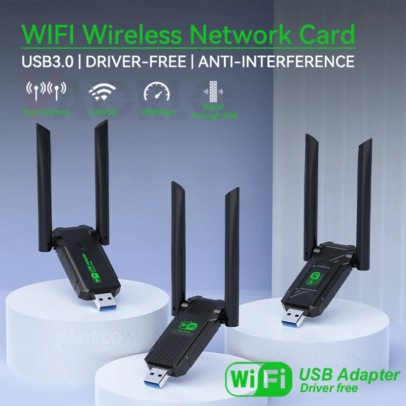 VAORLO ثنائي النطاق 1200 ميجابت في الثانية واي فاي USB محول 2.4 جيجا + 5 جيجا هرتز واي فاي دونغل استقبال USB3.0 عالي السرعة 802.11AC بطاقة الشبكة اللاسلكية للكمبيوتر / الكمبيوتر المحمول سائق مجاني مع هوائي