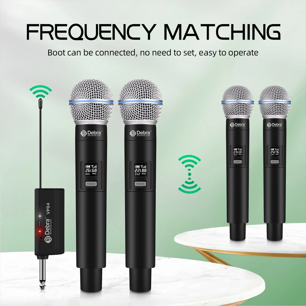 VP-02 4-Channel Handheld Wireless Microphone System with Built-in Lithium Battery, Rechargeable Handheld Microphone for Karaoke