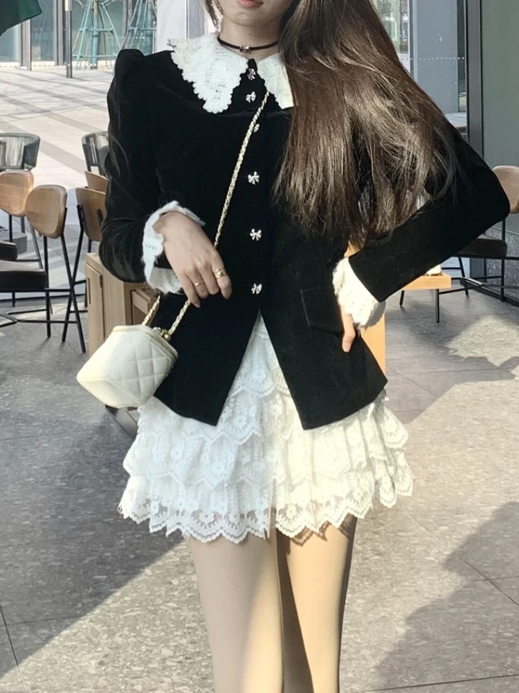 Elegant Velvet 2 Piece Dress Set Women 2023 Winter Vintage Party Korean Style Suits Long Sleeve Velvet Tops + Casual Lace Skirt