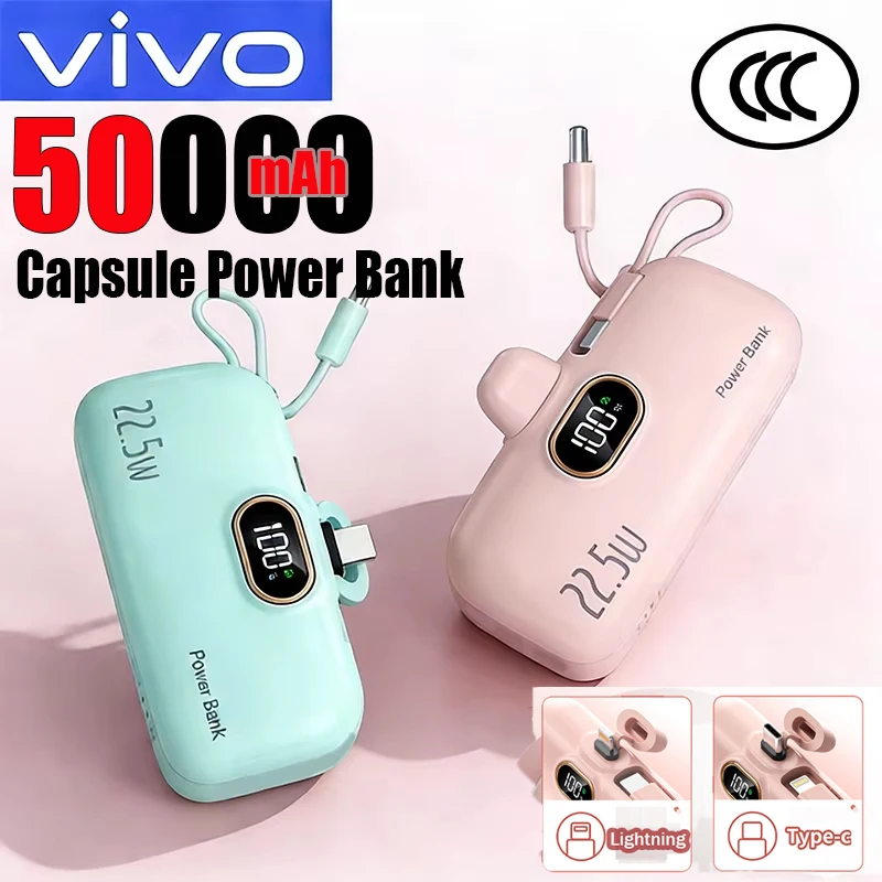 

Портативный внешний аккумулятор VIVO 50000 мАч с супербыстрой зарядкой PD 22.5W, миниатюрный, с цифровым дисплеем, для iPhone, Huawei, Samsung, новинка 2026 года