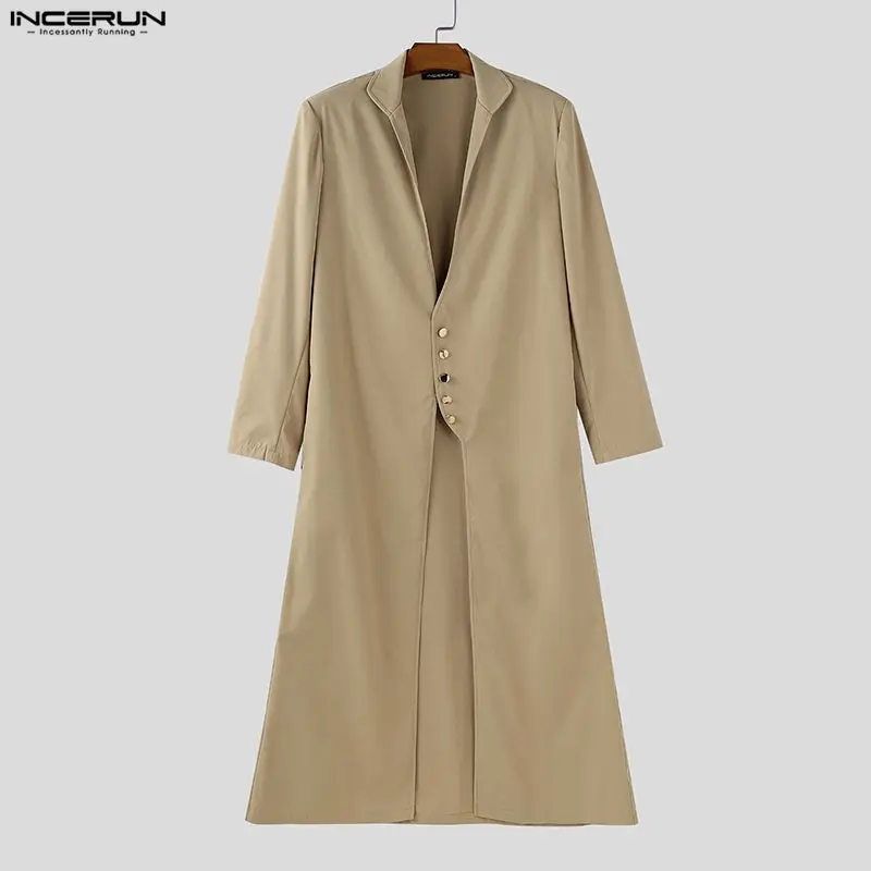 

INCERUN Men Long Style Trench Solid Color Stand Collar Long Sleeve Male Coats Streetwear Loose Button Fashion Casual Windbreaker