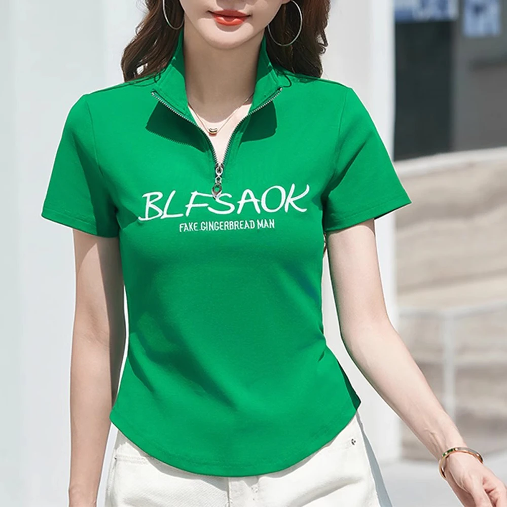 

Korean version lapel short sleeved T-shirt for women's summer high-end cotton curved hem letter printed half zipper casual top