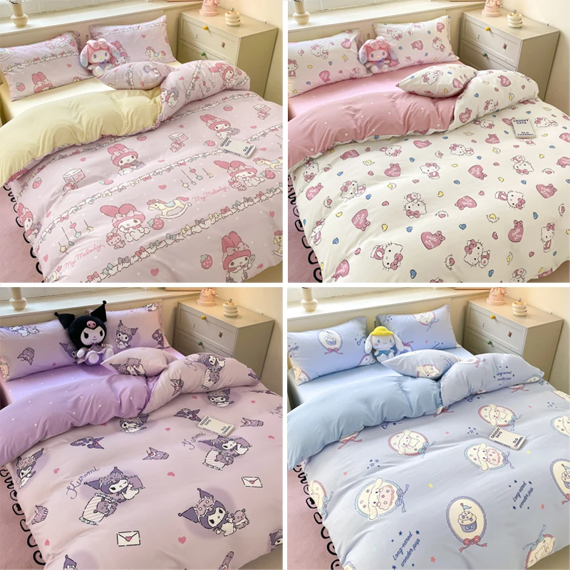 

New Sanrio Hello Kitty Bedding Set Cotton Kuromi Melody Bedding Double Pillowcase Bed Linens Girl Dorm Bedclothes Home Textile