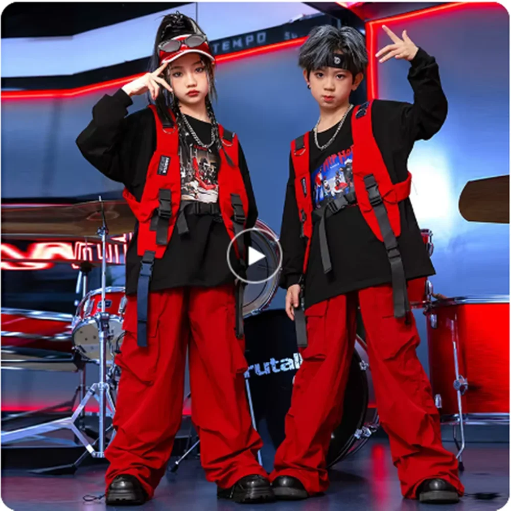 

Детская одежда для уличных танцев, современная джазовая одежда для мальчиков, модный танцевальный костюм в стиле хип-хоп для девочек, детские черные топы большого размера, красные брюки yj302