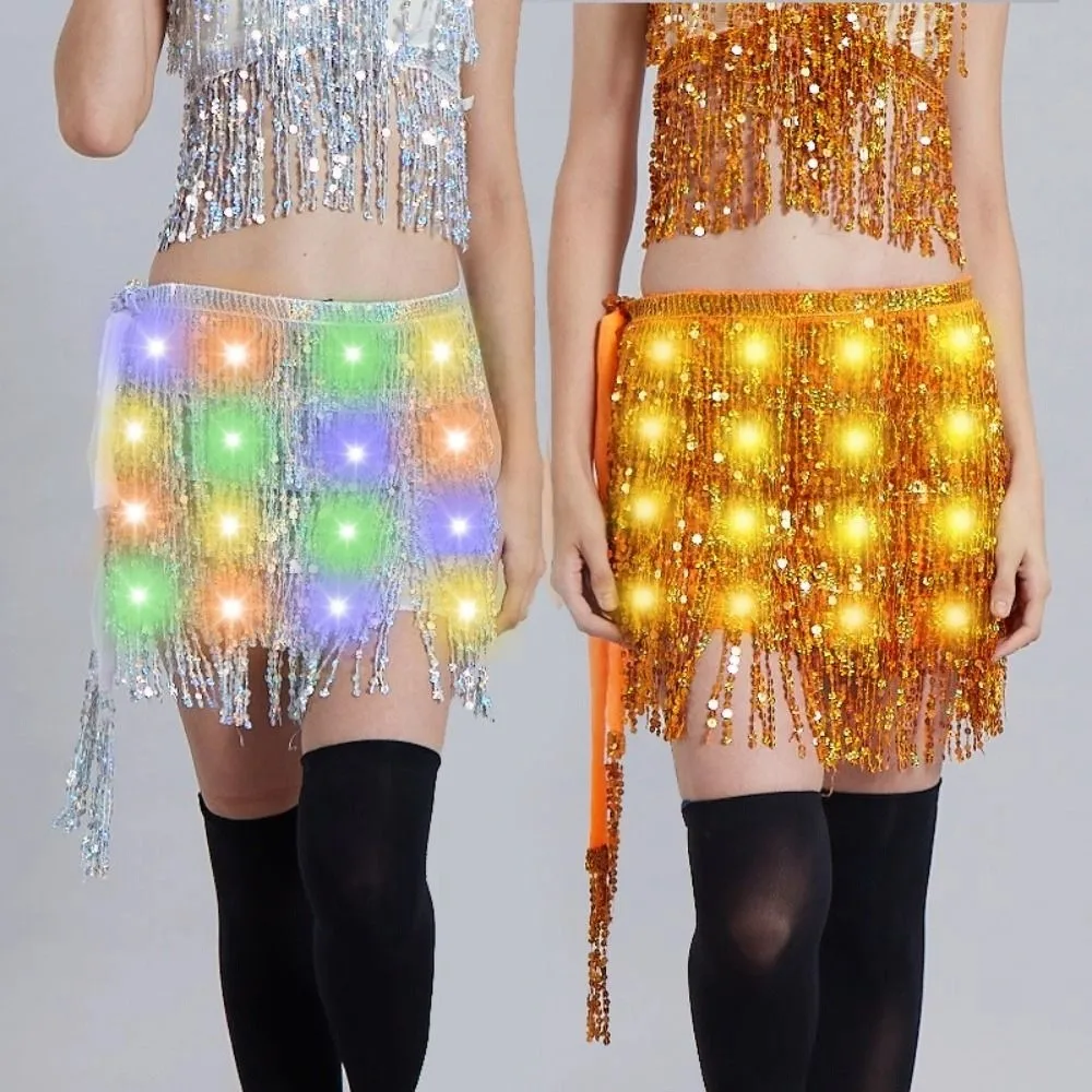 Belt Wrap Belly Dance Hip Scarf Shiny Lace-up LED Sequin Tassel Skirts Night Club Star Fringe Belly Dance Costumes Accessories