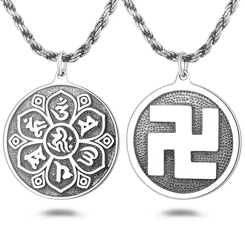 Sterling Silver Buddhist Swastika Pendant Six Sacred Mantras Necklace Round Zodiac Charm Unisex Spiritual Jewelry Lucky Charms