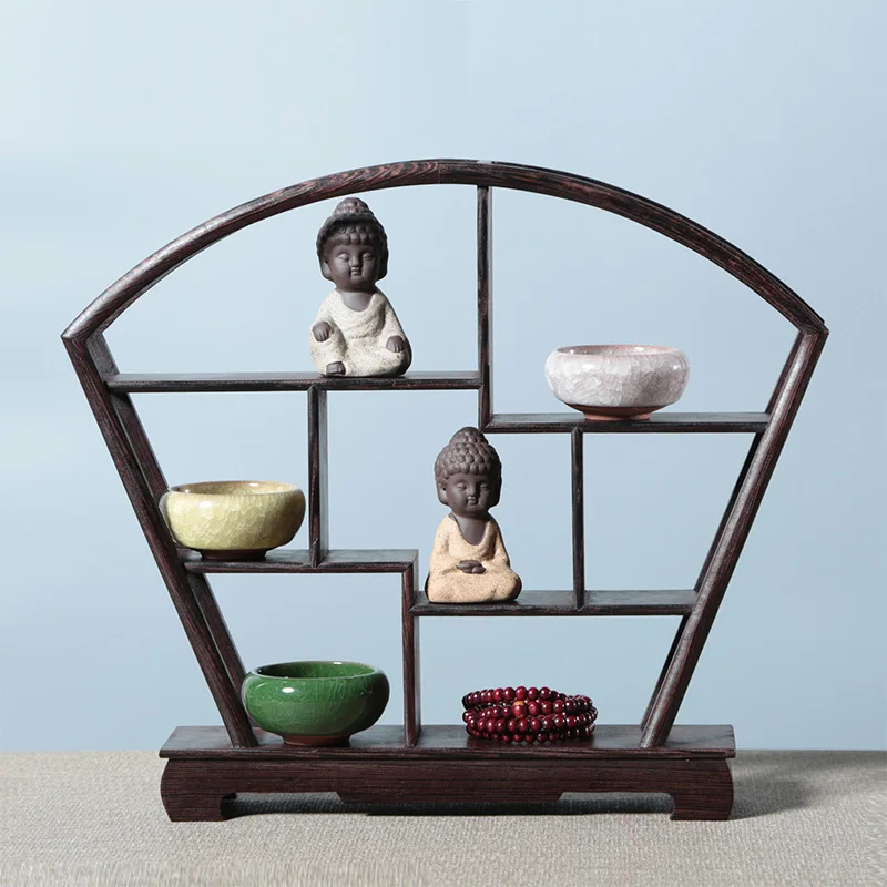 Lightweight Chinese Retro Storage Rack Chicken Wing Solid Wood Purple Teapot Tea Set Shelf Racks Display Stand Organizer